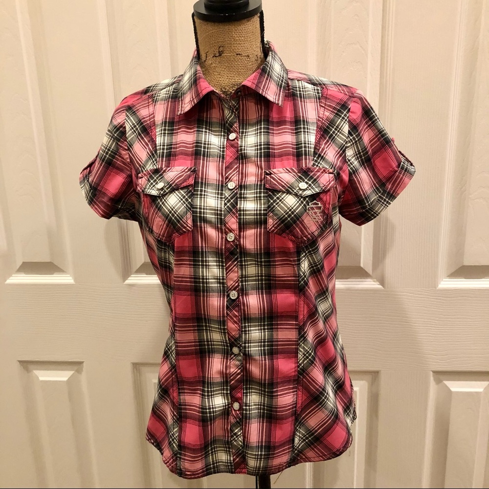 Harley-Davidson Pink Black White Plaid Short-Sleeve Button-Down